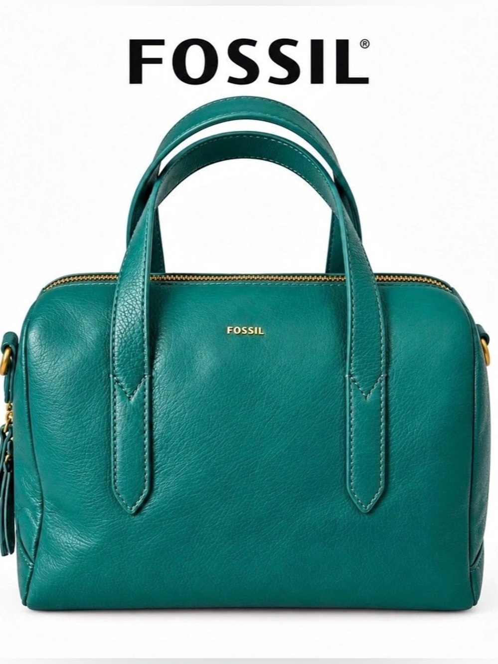 Fossil Green Leather Rachel Satchel / Crossbody Bag with Gold Hardware